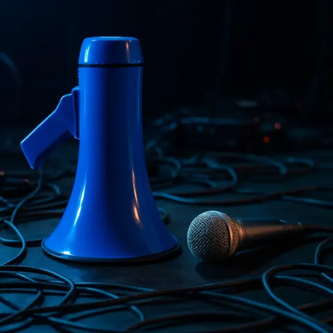 Vivid Blue Megaphone Stands Upright on a Dimly Lit Stage