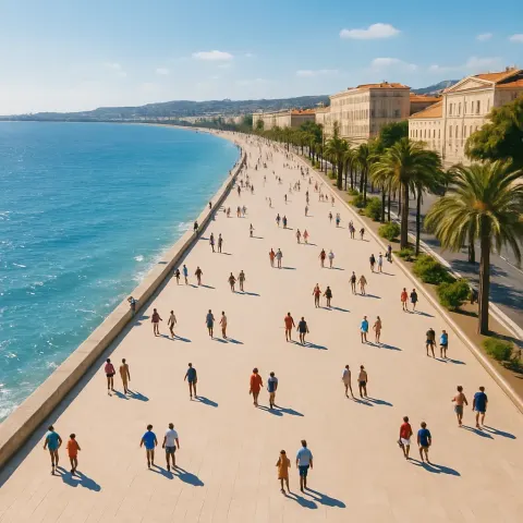Many Tiny Figures Leisurely Stroll Along the Expansive