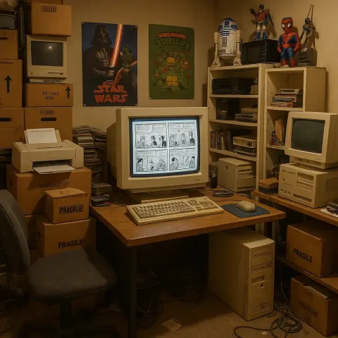Cluttered Room with Scattered Computer Equipment