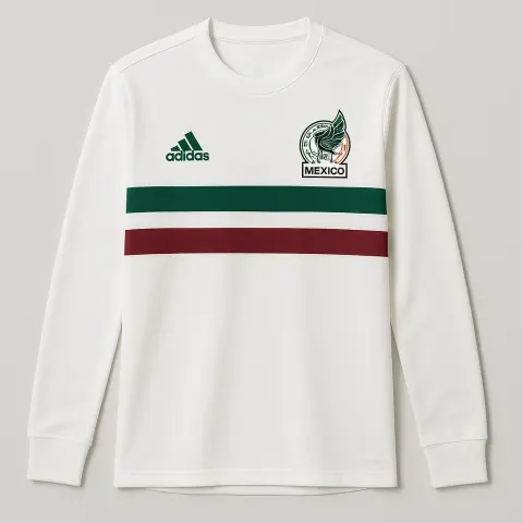 White Long-sleeve Soccer Jersey Featuring Mexico's National Team Emblem