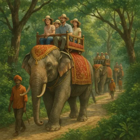 Troupe of Adventurers Rides Atop a Majestic Elephant