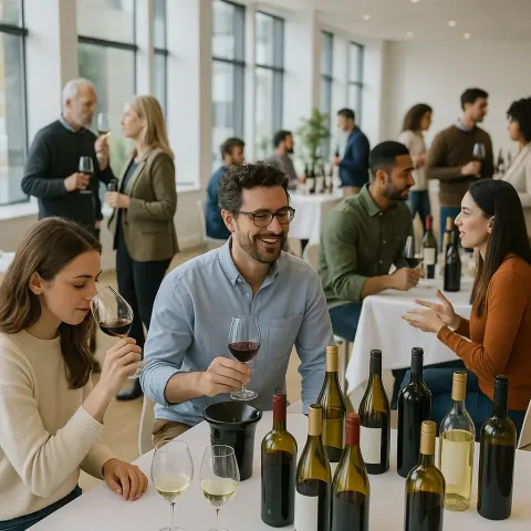 Wine Tasting Event with People Sampling and Discussing Various Wines