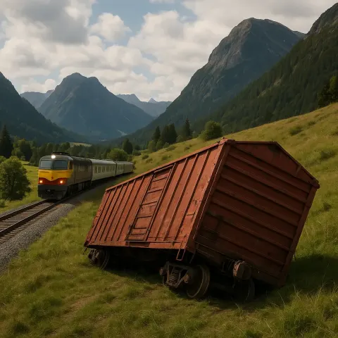 Train Passes by a Derailed Red Freight Car