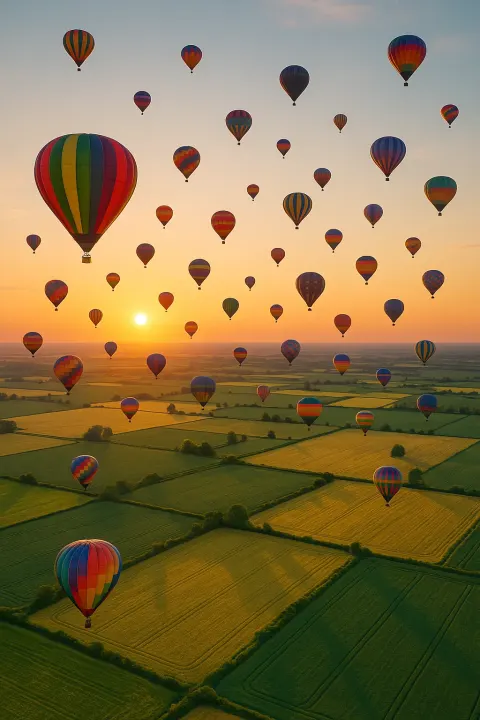 Dozens of Brightly Colored Hot Air Balloons Drift Serenely