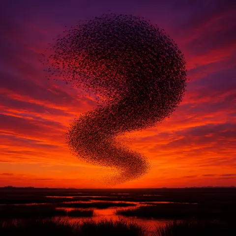 Countless Distant Migrating Birds Form a Swirling Dark Mass
