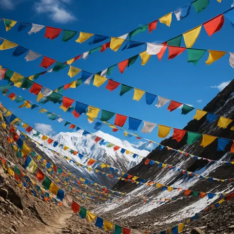 Hundreds of Colorful Prayer Flags Flutter in the Wind