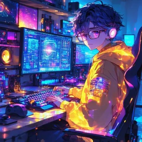 Nerdy Boy Coding Amid Glowing Gadgets