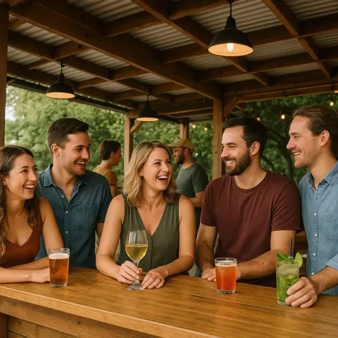 People Gathered at an Outdoor Wooden Bar with Drinks