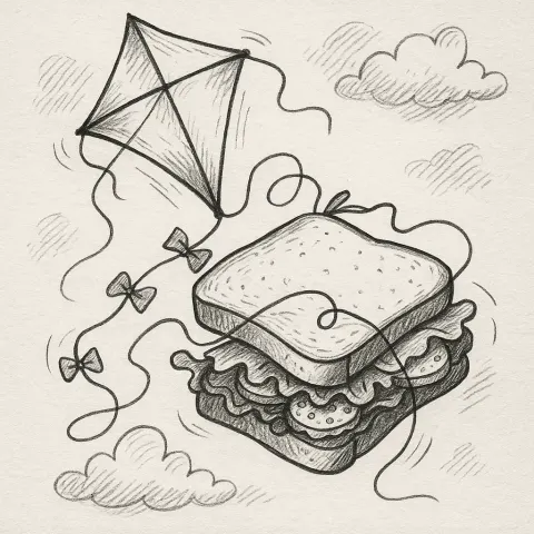 Lighthearted Black-and-white Drawing Depicting a Kite Caught