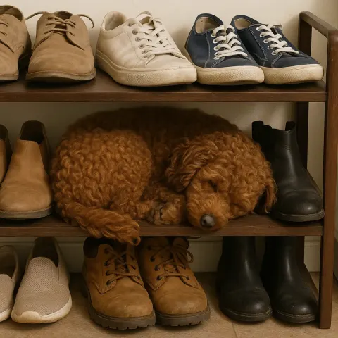Curly-haired Brown Dog Is Curled Up and Sleeping