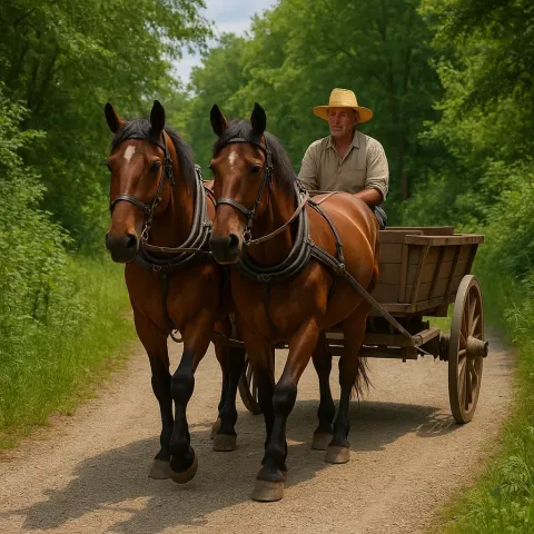 Man Wearing a Straw Hat Is Driving a Wooden Cart