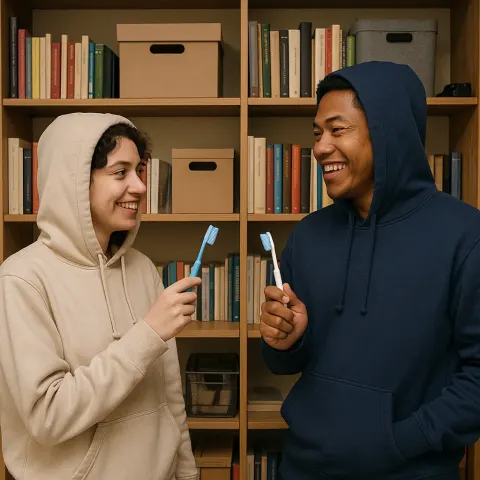 Two People Wearing Hoodies Are Holding Toothbrushes
