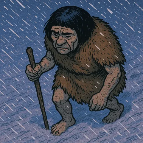 Elderly Prehistoric Cave Dweller with a Dark Bob Cut Trudges