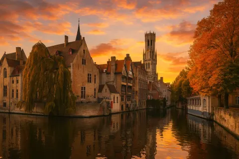 Picturesque Canal in Bruges Surrounded by Historic Buildings