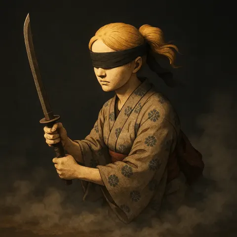 Blindfolded Ukiyo-e Figure with Honey-blonde Hair Brandishes an Item