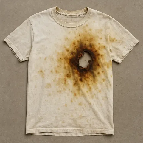 Cotton T-shirt Visibly Damaged with Burn Marks and Staining Caused