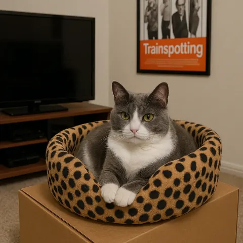 Gray and White Cat Rests Inside a Leopard-print Cat Bed