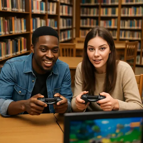 Two Individuals Playing a Video Game in a Library