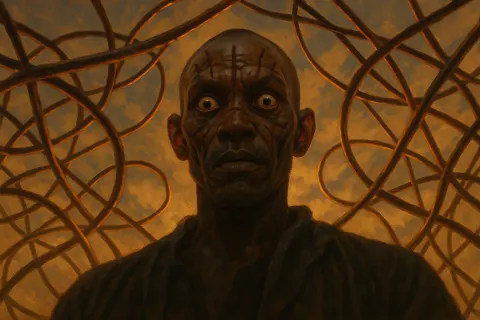 Infamous Figure with Wide Eyes and Ritual Scars Gazes