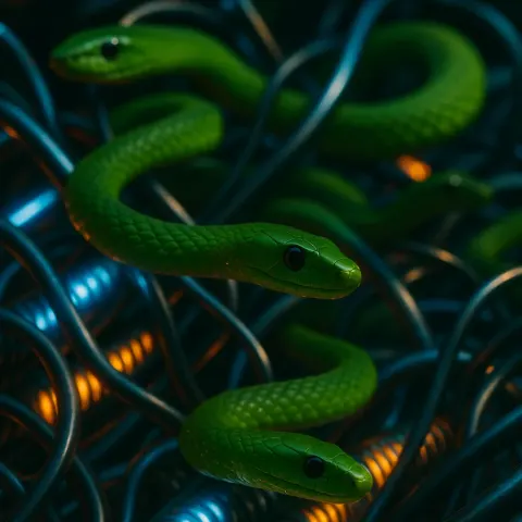 Several Glossy Green Mambas Weave Through Glowing Metallic Tendrils