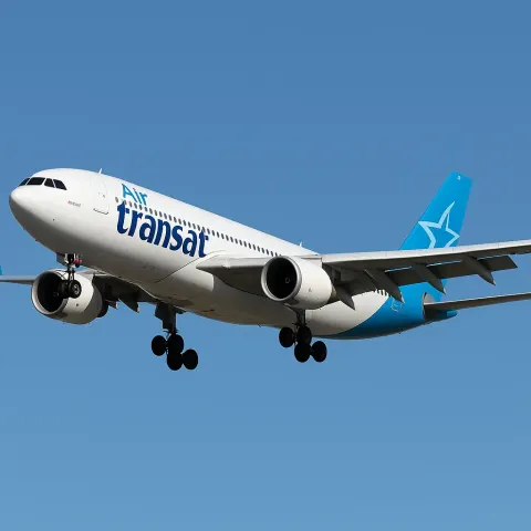 Air Transat Airplane in Mid-flight with Landing Gear