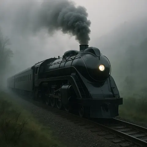 Stylish Black Train Engine Moving Through a Foggy Scenery