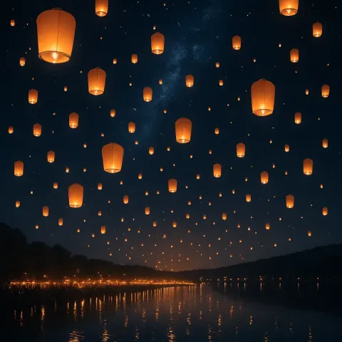 Myriad Glowing Paper Lanterns Drift Serenely Upwards