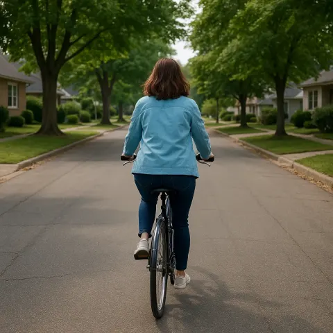 Woman Wearing a Light Blue Jacket Rides a Bicycle