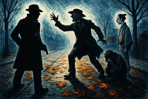 Silhouetted Detective Confronts a Dramatically Gesturing Vintage Figure