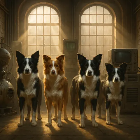 Four Diverse Border Collies Stand in Symmetrical Formation