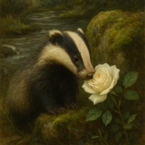 Rich Oil Painting Depicting a Youthful Badger Tenderly