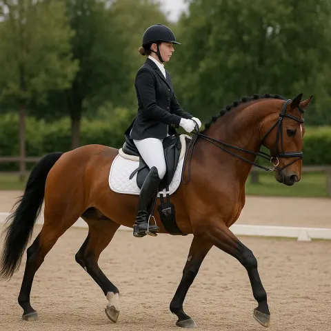 Person Dressed in Equestrian Attire Riding a Brown Horse