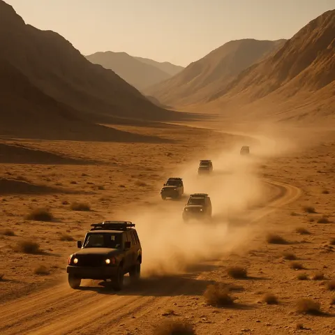 Small Convoy of Rugged Vehicles Kicks Up a Plume