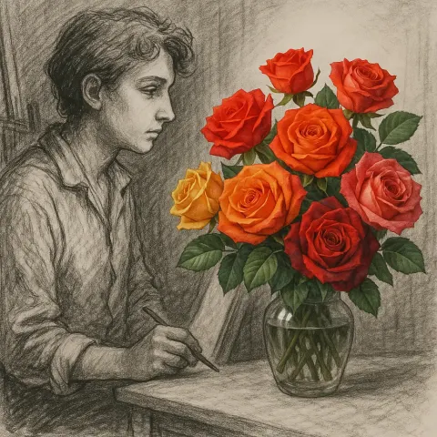 Charcoal Drawing of [a Young Artist] Staring at [a
