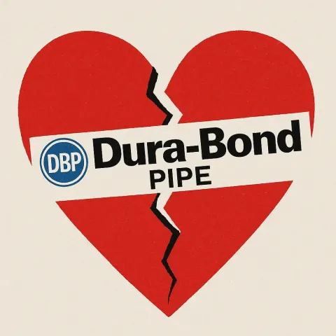 Red Heart Broken in Two with the "Dura-Bond Pipe" Logo