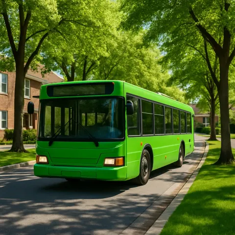 Green Public Bus Driving Down a Tree-lined Suburban Street