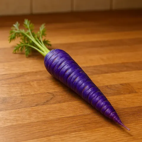 Lively Carrot in Shades of Indigo Resting on a Wooden