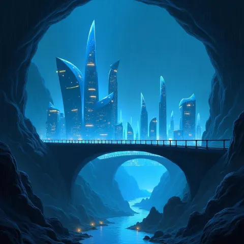 Rainlit Glass City Inside a Cavern