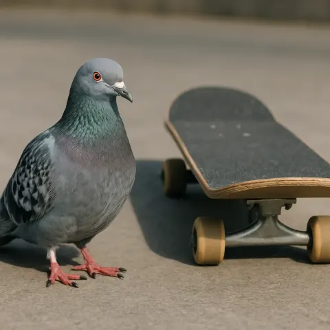 Image of a Bird Positioned Beside a Skateboard