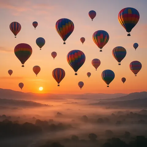 Numerous Colorful Hot Air Balloons Ascend Like Scattered Jewels