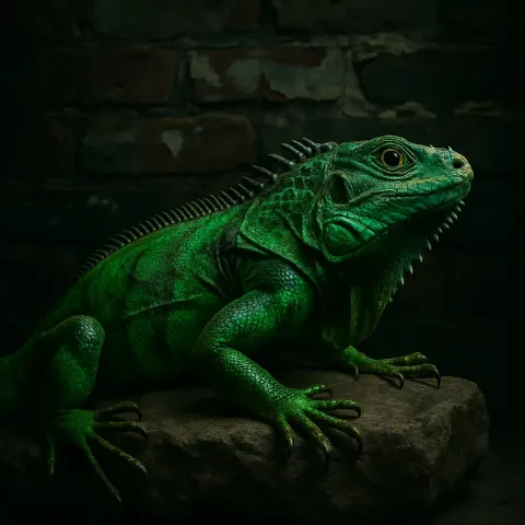 Emerald-green Iguana Sits Motionless on a Rough Stone Surface