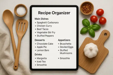 Recipe Organizer Interface Displaying a Categorized List of Recipes