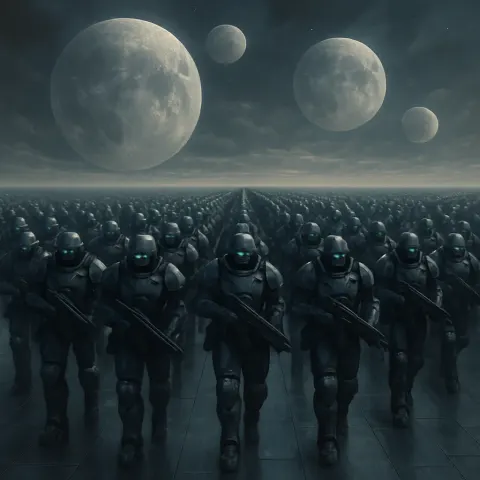 Dense Phalanx of Futuristic Soldiers Marches Uniformly Across a Vast