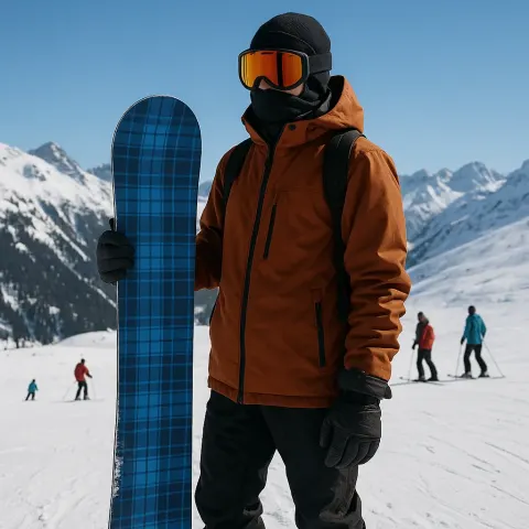 Person Dressed in Winter Gear Holding a Blue Plaid Snowboard
