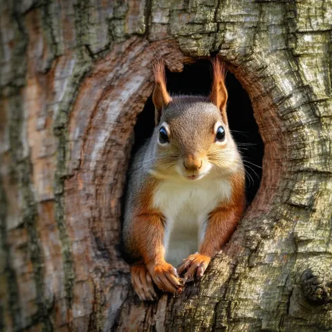Curious Squirrel Emerging From a Tree Trunk