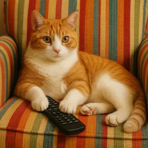 Ginger and White Cat Is Lounging on a Colorful