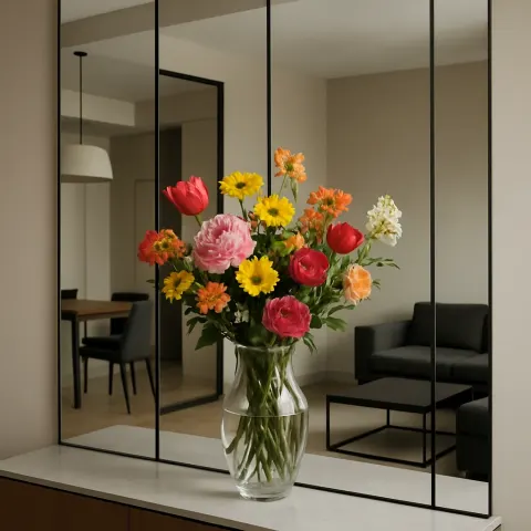 Vase with Flowers in Front of Mirrored Panels Reflecting
