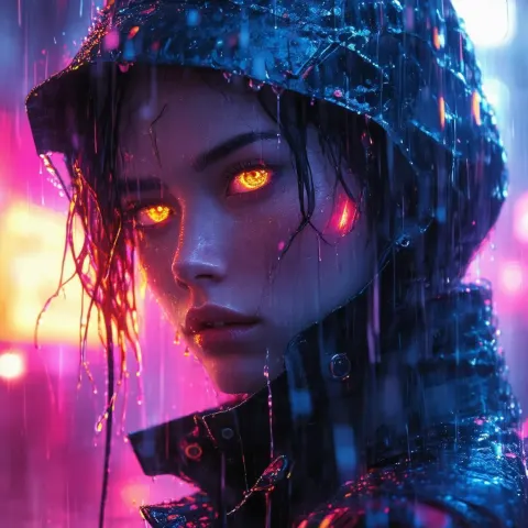 Cyberpunk Rain Portrait With Glowing Eyes