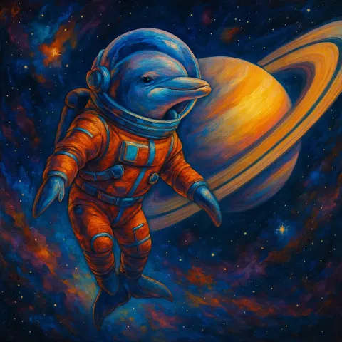 Surreal and Vibrant Painting of a Dolphin Wearing a Cosmic