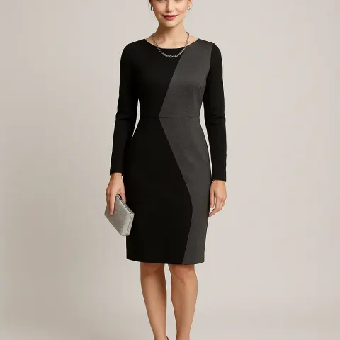 Woman Wearing a Black and Gray Asymmetrical Dress